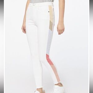 FRAME Denim White Le High Skinny Jeans with Colour Block Striped Detail